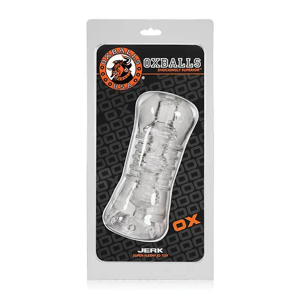 OxBalls Jerk clear plastic masturbation sleeve with textured interior in retail packaging