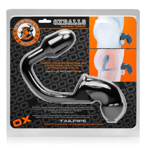 OxBalls Tailpipe Chastity Cock-Lock And Attacehd Buttplug Black - Cock Cage