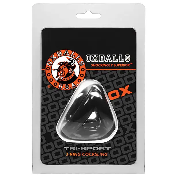 Clear silicone OxBalls Tri-Sport cock ring in retail packaging