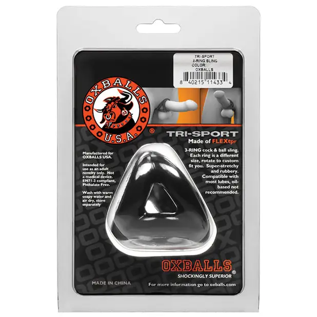 OxBalls Tri-Sport Cocksling: Triangular-shaped silicone ring in retail blister packaging