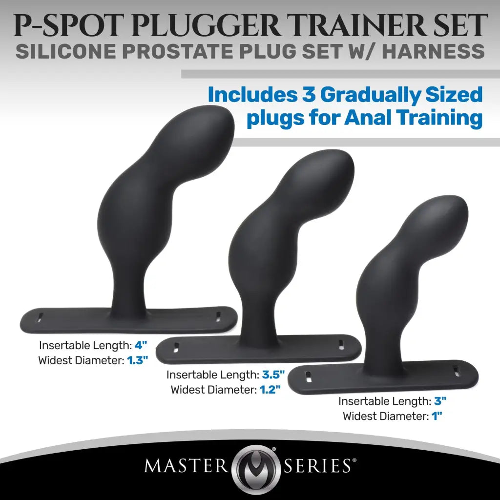 Master Series Prostate Plug P-spot Plugger Trainer Set Silicone 3 Piece Prostate Plug Set With Harness at the Haus of Shag