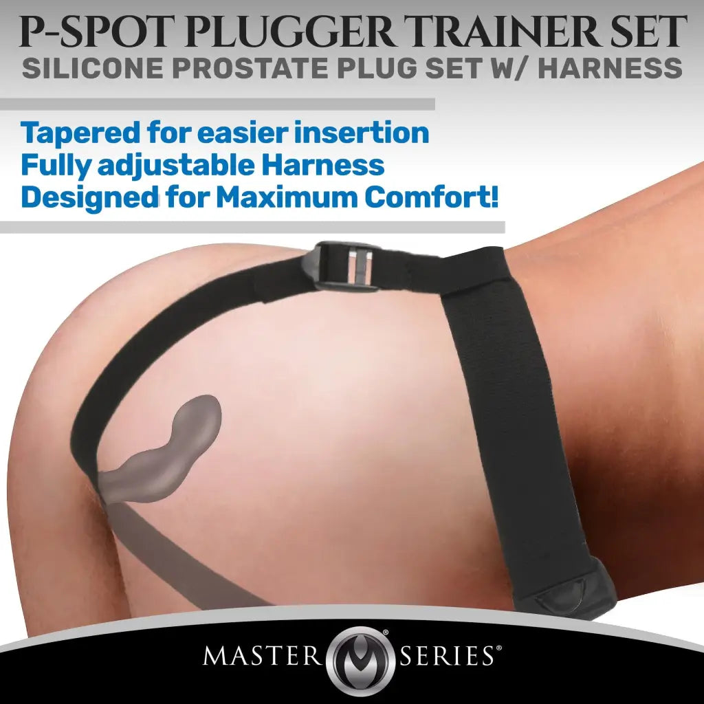 Master Series Prostate Plug P-spot Plugger Trainer Set Silicone 3 Piece Prostate Plug Set With Harness at the Haus of Shag