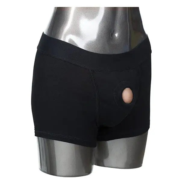 Black packer gear boxer harness shorts with circular cutout on one side by CalExotics