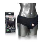 Packer Gear Brief Harness by CalExotics in black with packer opening on metallic mannequin