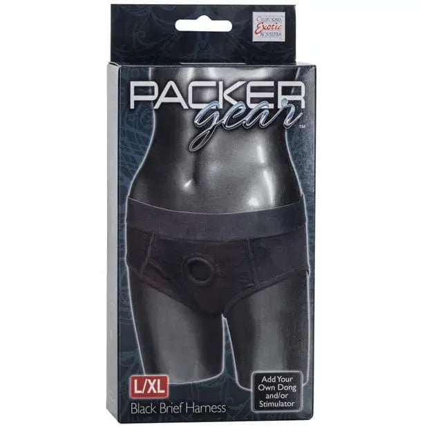 Packer Gear Brief Harness by CalExotics - Black brief-style harness with an opening in retail box