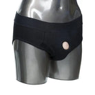 Packer Gear Brief Harness: Black underwear with side opening on display mannequin by CalExotics