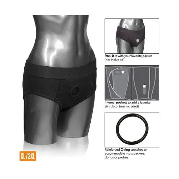 Packer Gear wear harness: Black brief with opening & pockets for intimate accessories by CalExotics