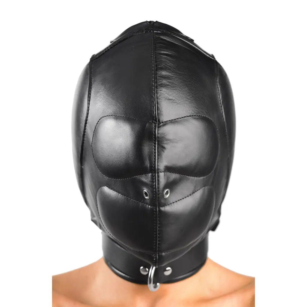 Black leather full-face padded leather hood with eye and mouth openings for sale