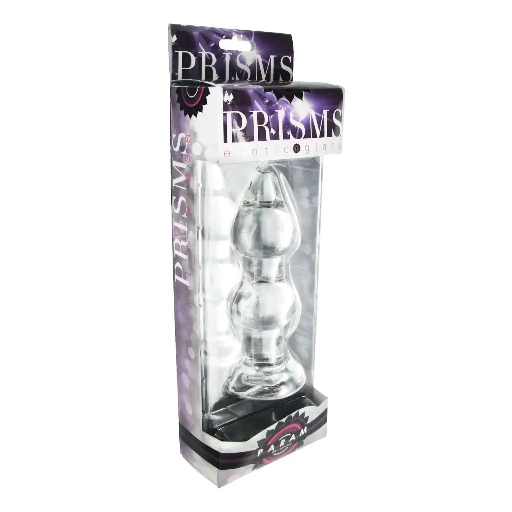 Clear glass anal plug in packaging labeled ’PRISMS’, from the Param Glass Anal Plug product range