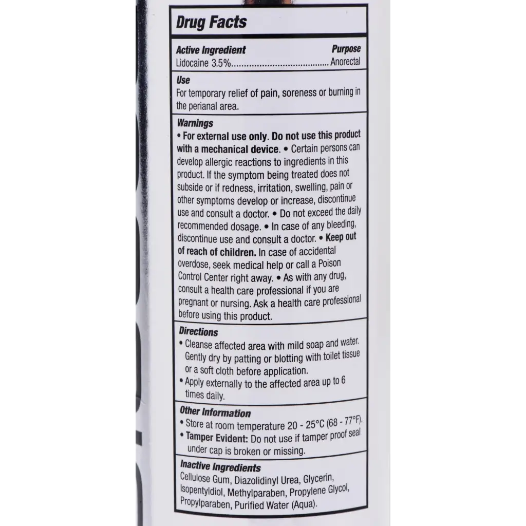 Drug Facts label on Passion Lubricants Extra Strength Anal Desensitizing Lube container