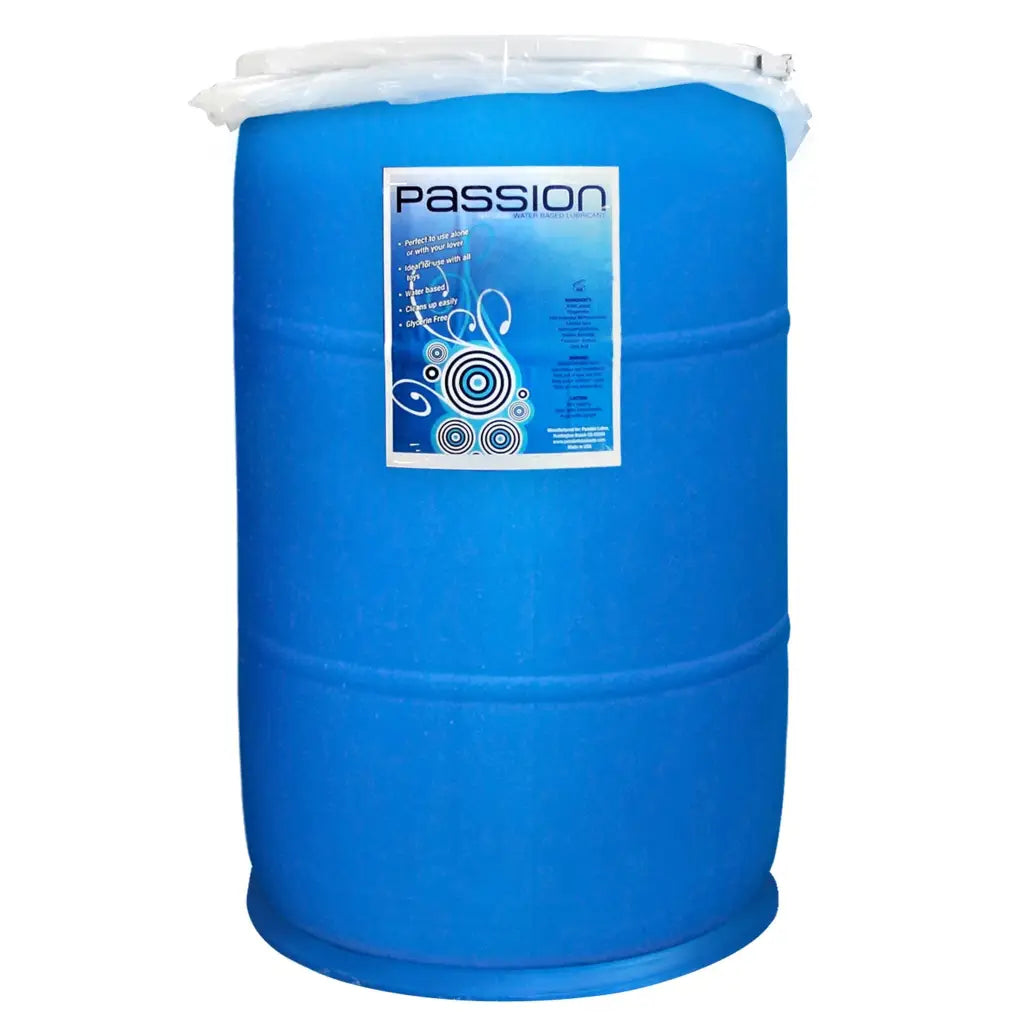 A 55-gallon blue plastic drum of Passion Natural Water-based Lubricant with a plastic lid