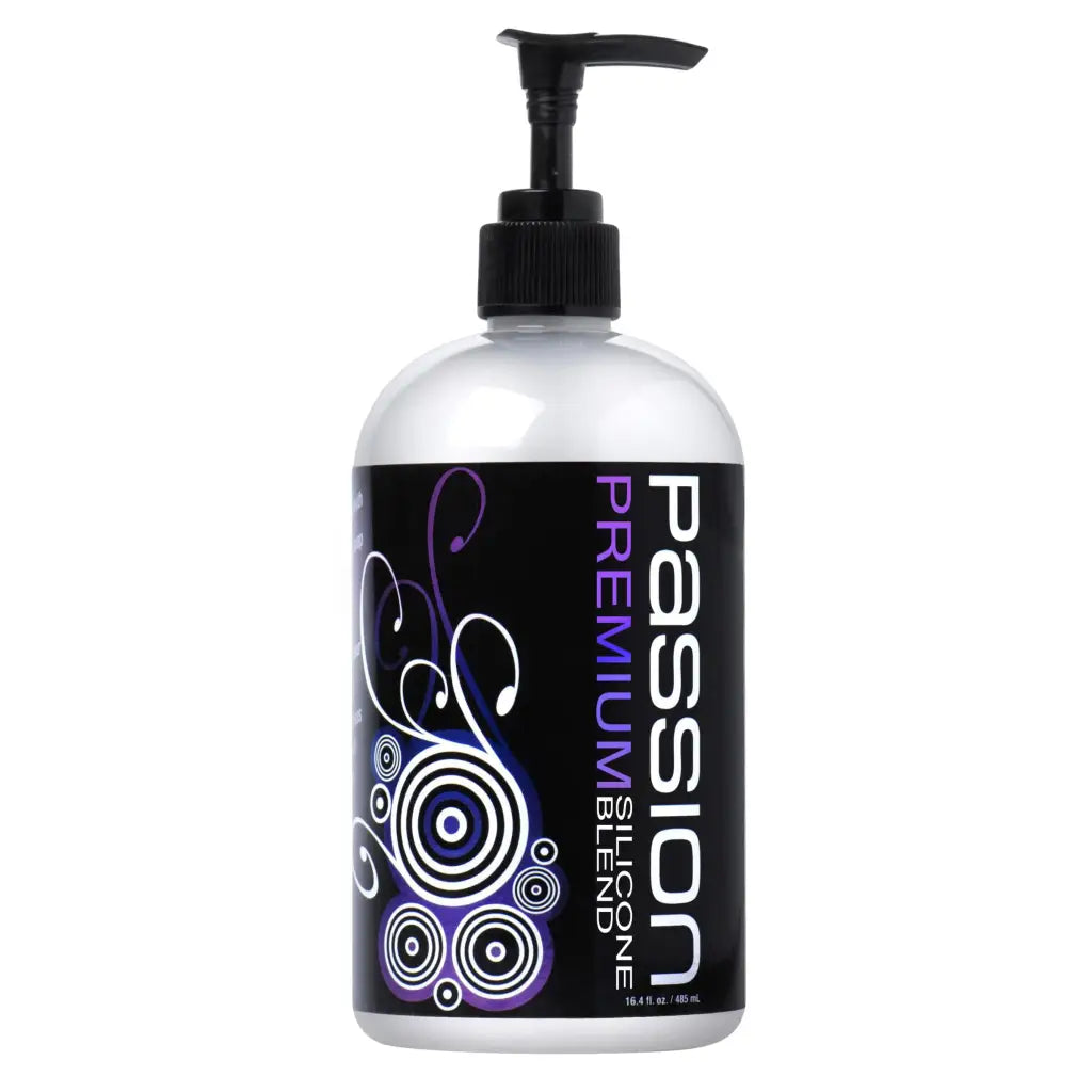 Bottle of Passion Premium Silicone Blend Lubricant with pump dispenser on display