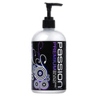 Bottle of Passion Premium Silicone Blend Lubricant with pump dispenser on display