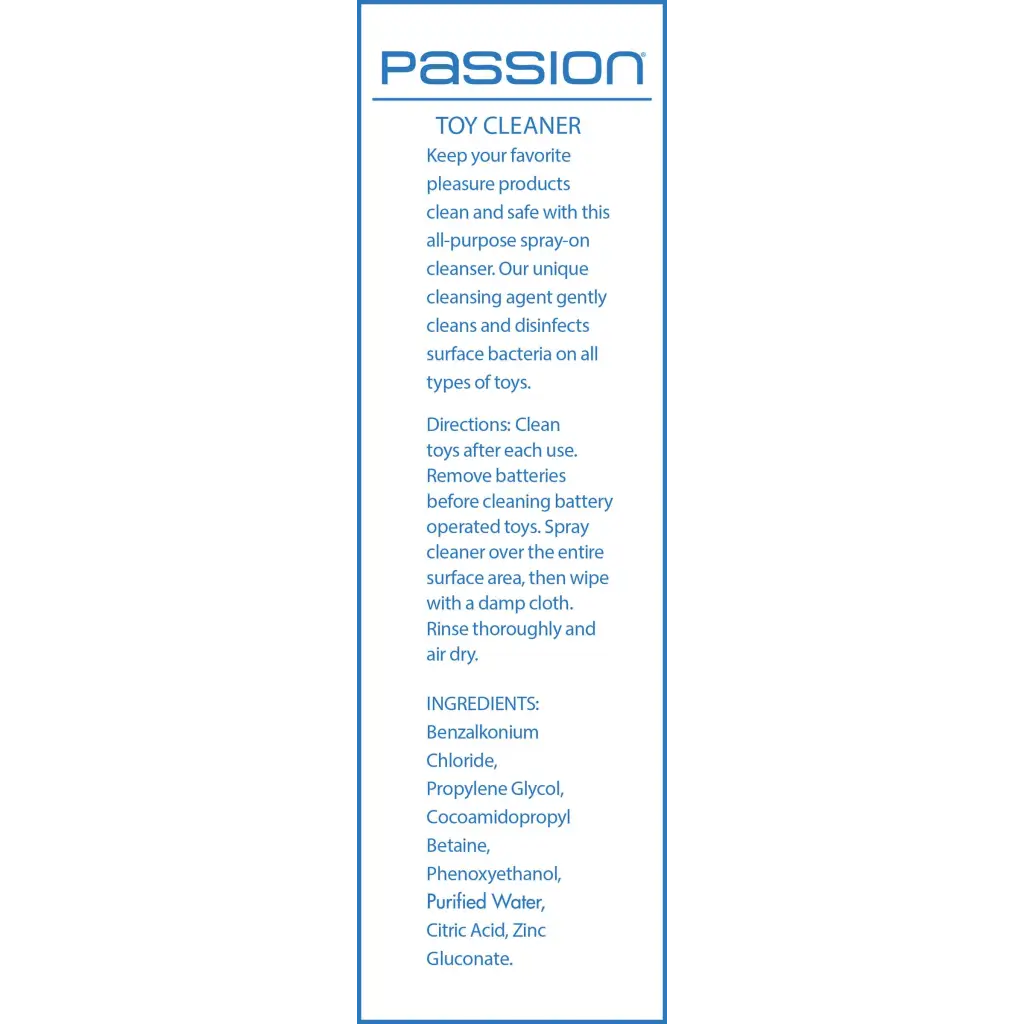 Blue and white ’Passion Toy Cleaner’ poster for effective toy cleaning solutions