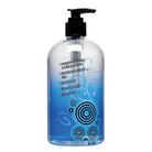 Clear plastic pump bottle of Passion Water Based Lubricant with blue liquid and decorative designs