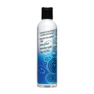 Clear bottle of Passion Water Based Lubricant with blue swirl design and product information