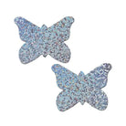 Two glittery silver butterfly-shaped decorations from the Pastease Glitter Butterfly collection