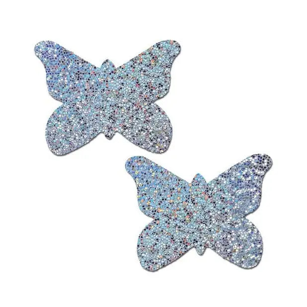 Two glittery silver butterfly-shaped decorations from the Pastease Glitter Butterfly collection