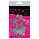 Pastease Glitter Peek silver star nipple pasties on vibrant pink and black packaging