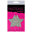 Glittery silver star-shaped nipple pasties in pink packaging by Pastease Glitter Star