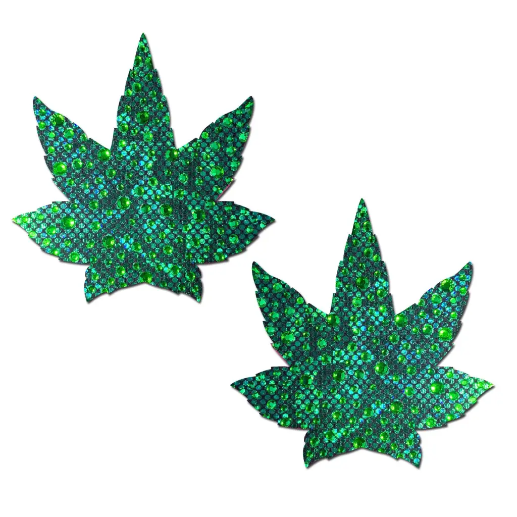 Crystal green weed glitter leaf nipple pasties by Pastease Indica Pot Leaf