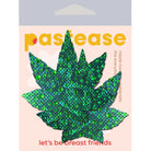 Close-up of Leaf-Shaped Brochure for Pastease Indica Pot Leaf Crystal Green Weed Nipple Pasties