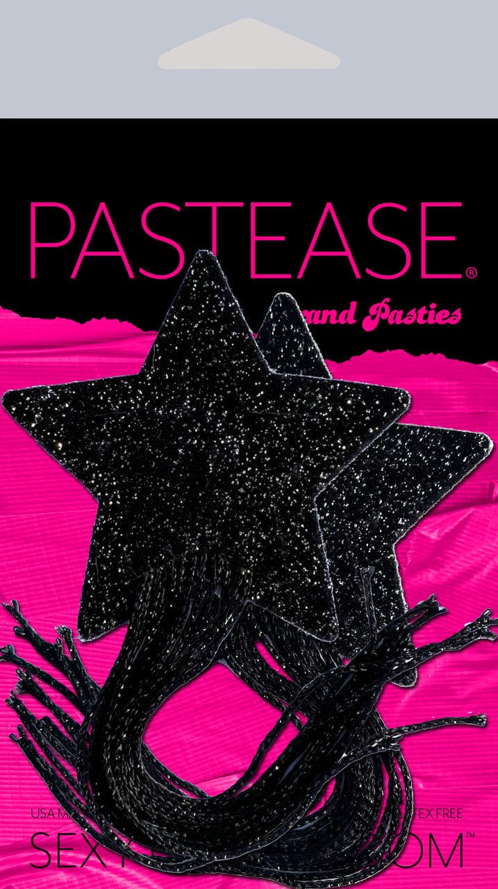 Pastease Pasties Black Pastease Tassel Pasties: Black Sparkle Star with Long Fringe Nipple Pasties at the Haus of Shag
