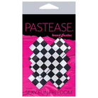 Checkered black and white pasties in X-shaped packaging on pink background - Pastease Premium Checker