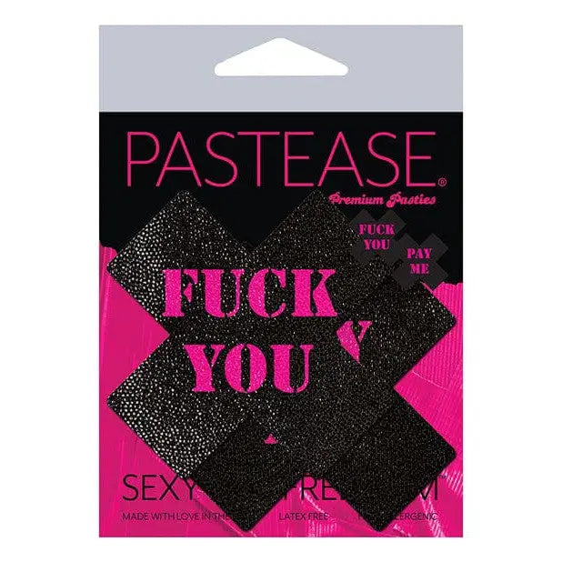 Pastease Premium Cross Black Pink Nipple Pasties with ’F**K YOU’ Text on Packaging