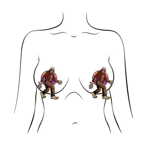 Simple line drawing of a female torso with cartoon lumberjacks from Pastease Premium Sasquatch