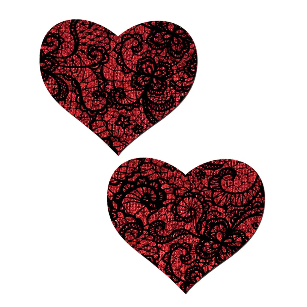 Pastease Red Glitter Heart W/ Black Lace Overlay - Multi Color - Pasties