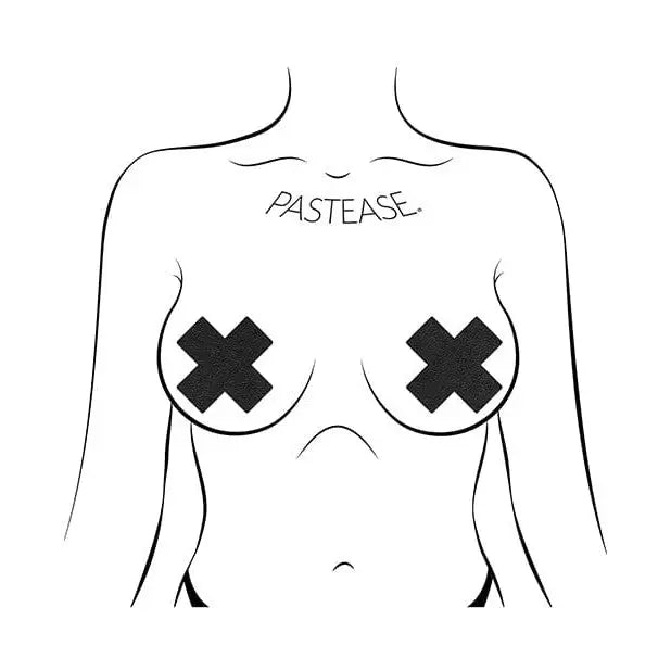 Line drawing of female torso with ’Pastease’ and X-shaped Pastease Reusable Liquid Cross