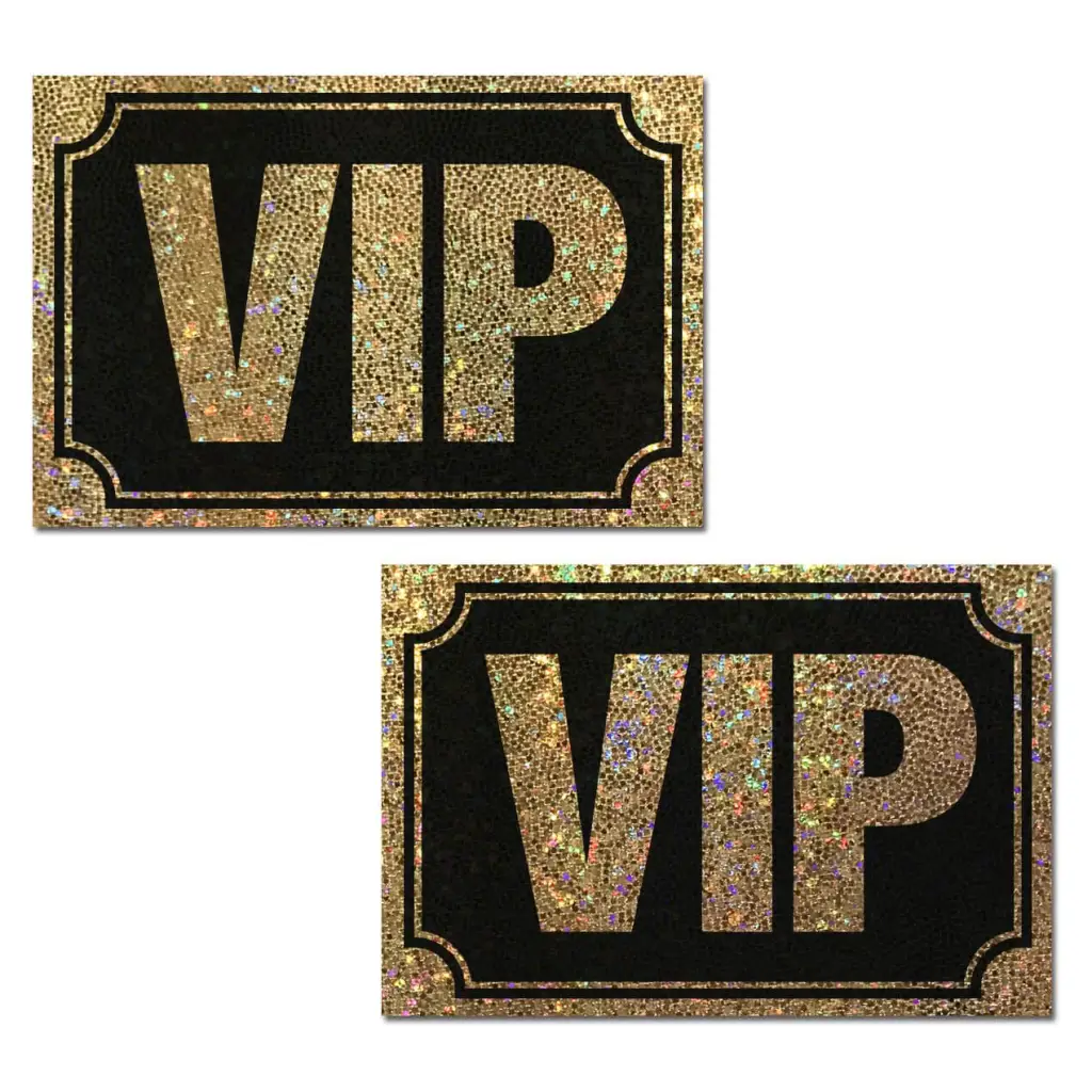 Two black and gold glitter VIP signs for Pastease Vip Gold Glitter On Liquid Black Nipple Pasties