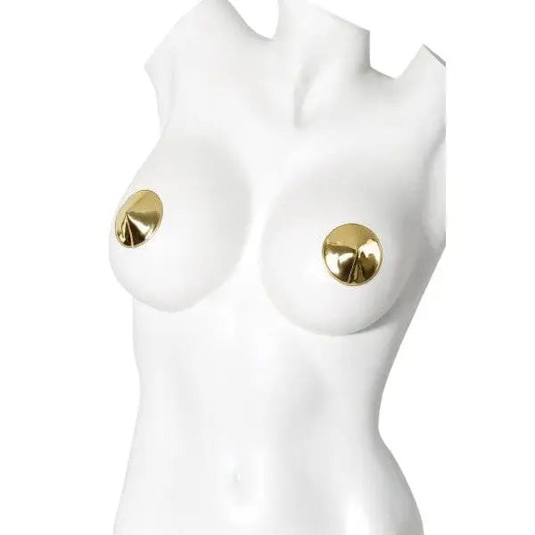 White female torso mannequin with pasties round metallic mirror gold nipple covers