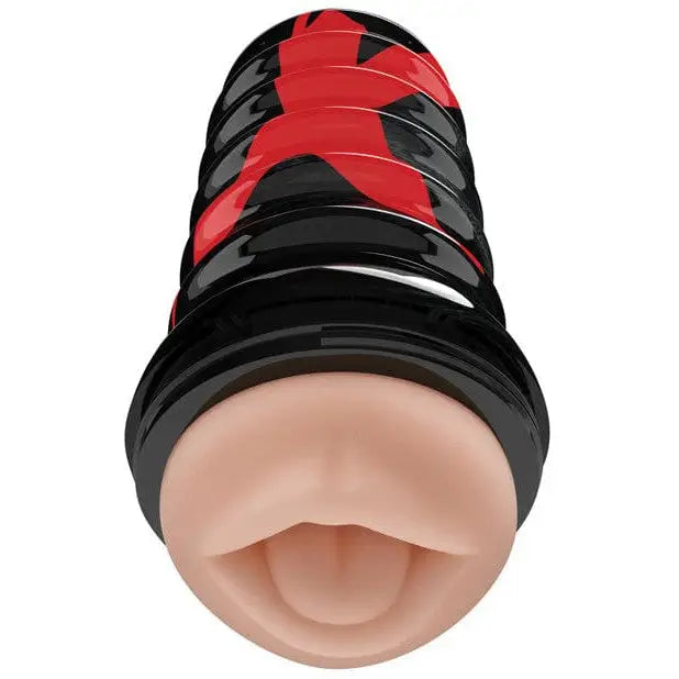 Close-up of PDX Elite Air Tight Manual Suction Stroker toy with red and black hat