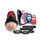 PDX Elite Ass-gasm Vibrating Kit featuring a penis, bottle of liquid, and gloves