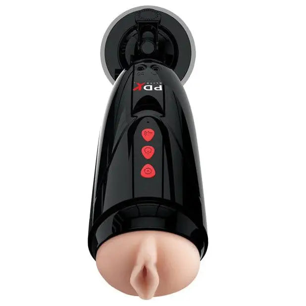 Close-up of toy with black and red object from PDX Elite Dirty Talk Starter Stroker