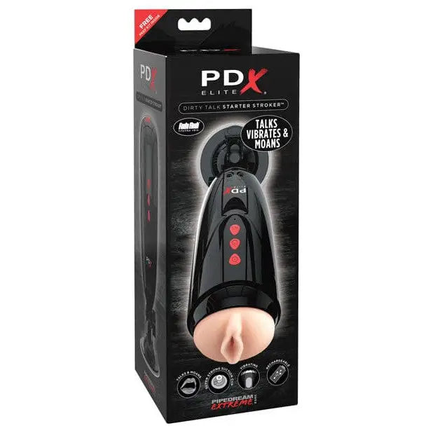 Close up of PDX Elite Dirty Talk Starter Stroker box with remote control