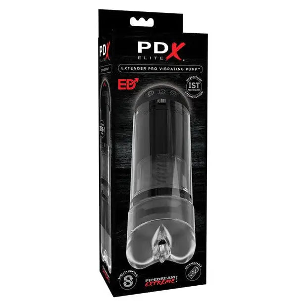 Clear black vapor ’Px E3’ in PDX Elite Extender Pro Vibrating Pump with a clear lid