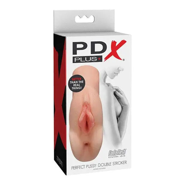 Box of the PDX Plus Perfect Pussy Double Stroker featuring a penis plug