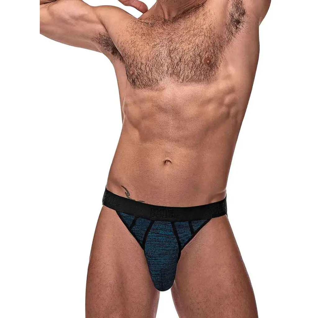 Peak Performance Sport Jock - Man’s torso and lower body in blue and black brief-style underwear