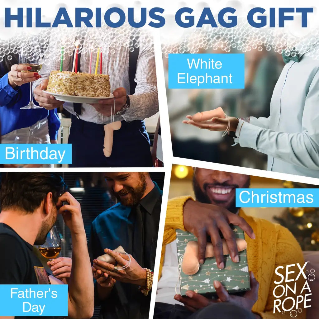 Collage of four hilarious gag gifts featuring Pecker Cleaner Soap On A Rope