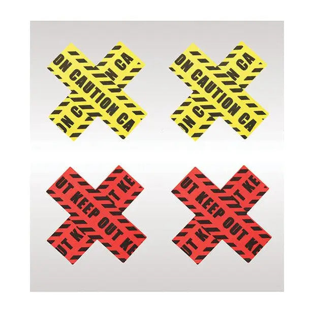 Peekaboos Caution X Pasties featuring yellow ’Caution’ and red ’Keep Out’ tape designs