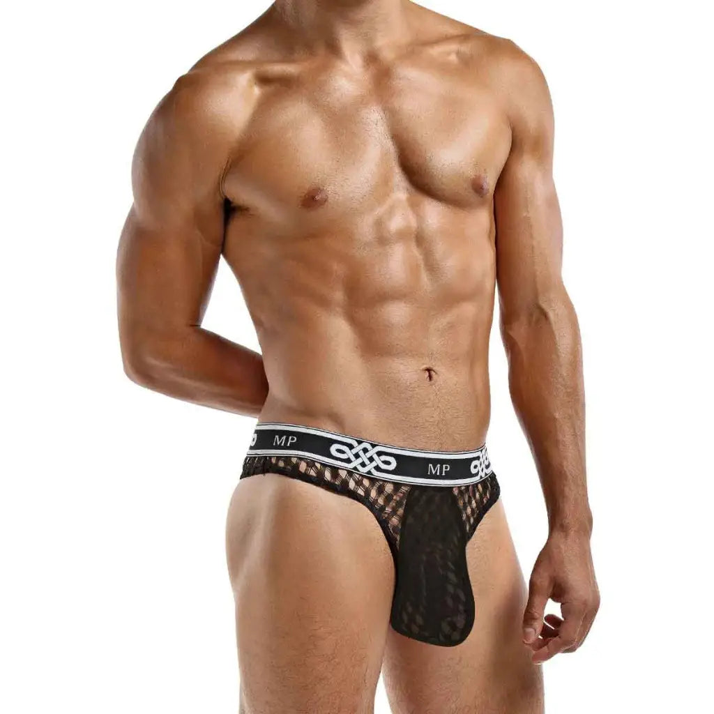 Men’s black mesh low rise thong with white elastic waistband in Peep Show collection