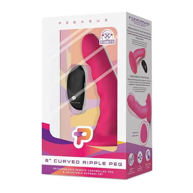 Pink curved ripple silicone pleasure device with remote, Pegasus 6’ Peg & harness included