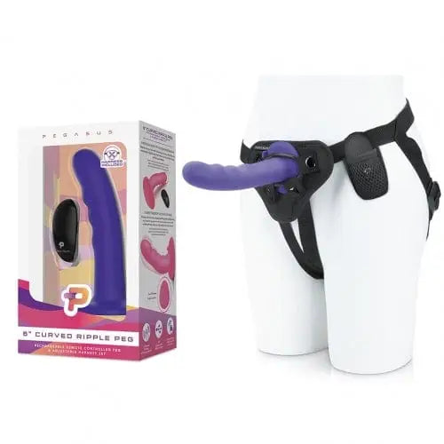 Pegasus 6’ curved wave silicone peg with harness and packaging shown in a vibrant purple