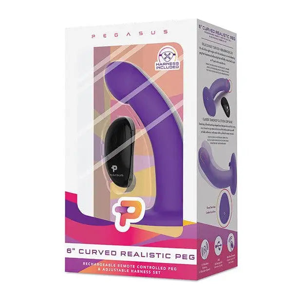 Purple rechargeable curved peg with remote and harness in colorful Pegasus 6’ retail box