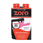 Close up of Perfect Fit Zoro Strap On package with pink scissors on white background