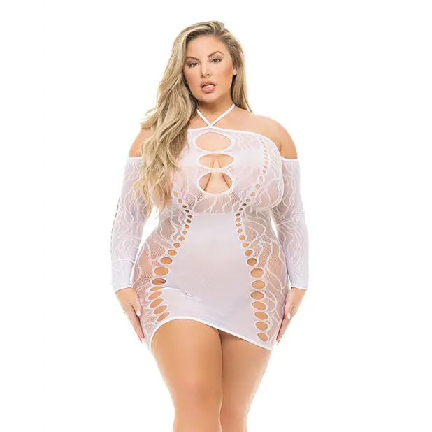 Woman in white cutout dress from Pink Lipstick Animal Inside Dress collection