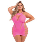 Curvy woman in a Pink Lipstick ’Back 2 Basixxx’ hi neck dress by Rene Rofe